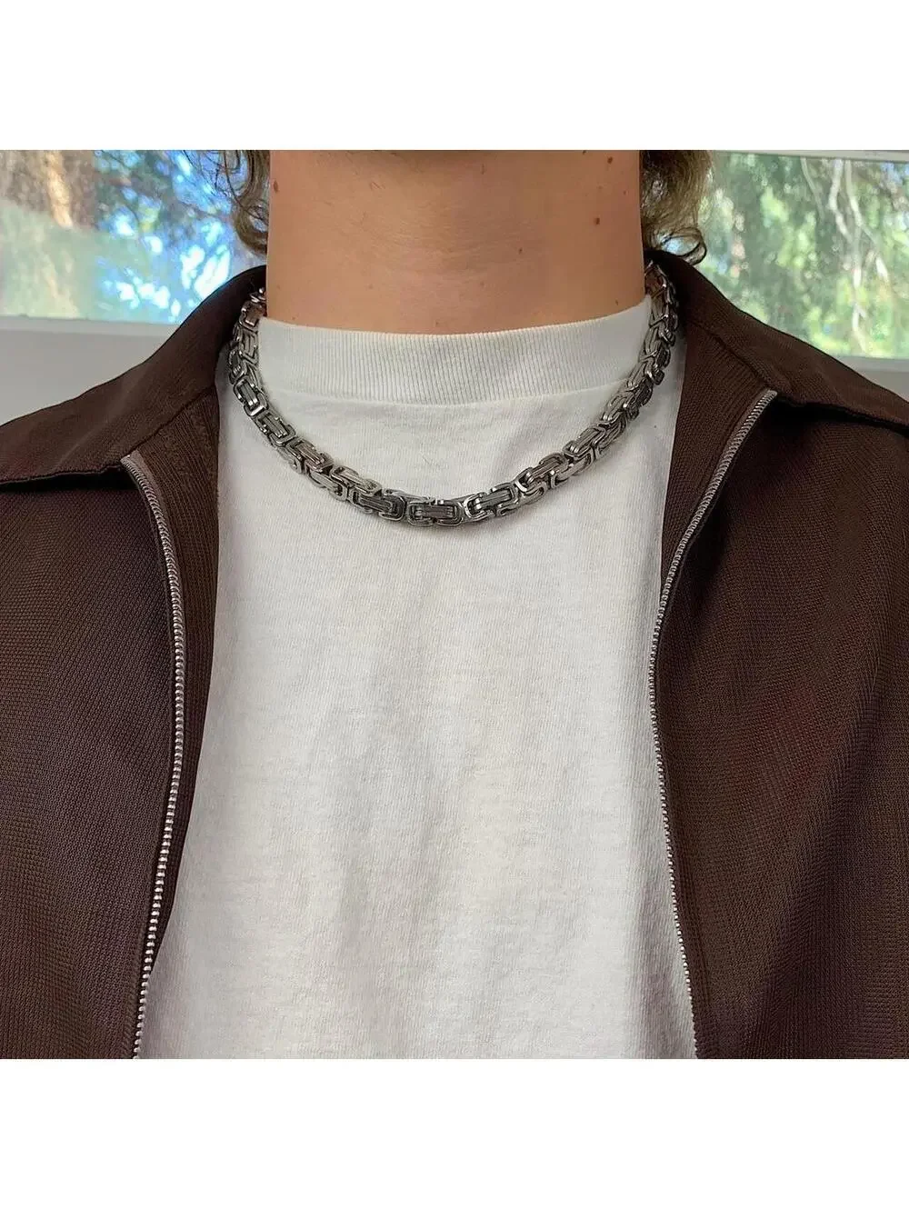 Y2k Cyber Punk style Silver stainless steel interlocked link chain necklace.